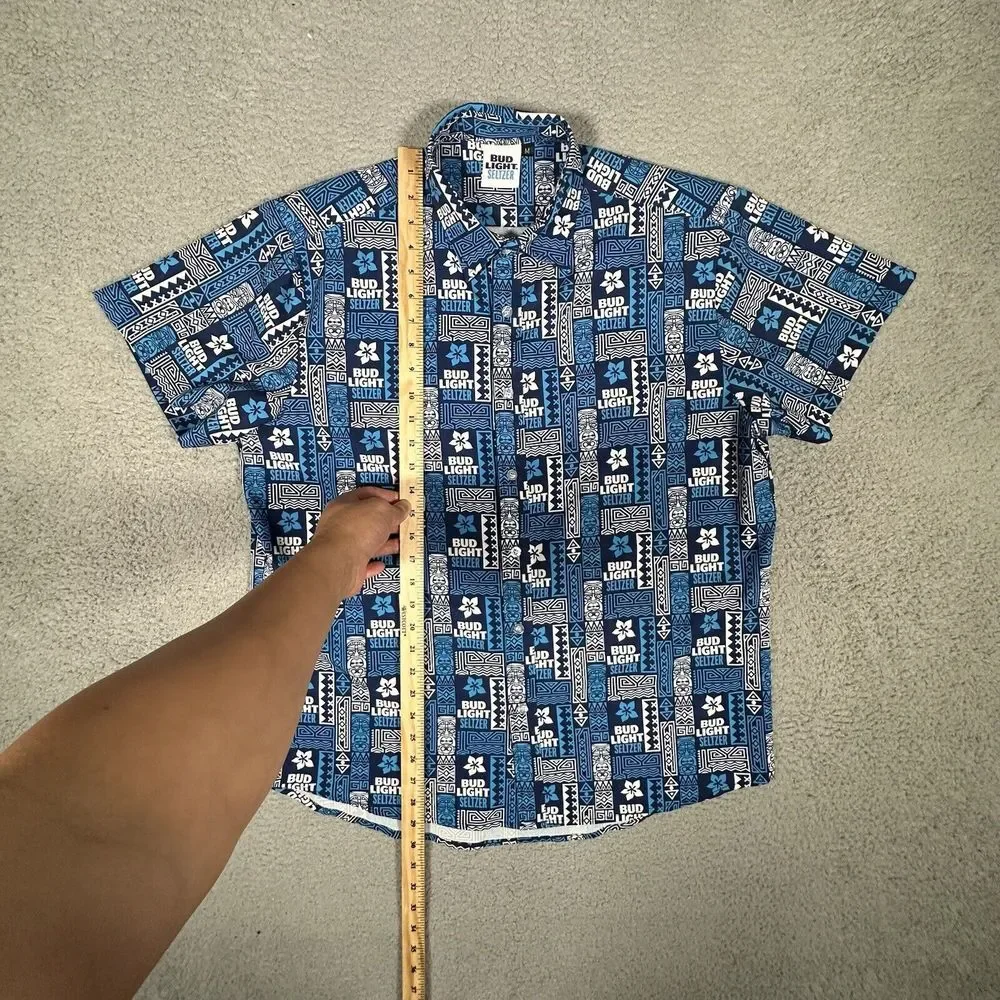 Bud Light Seltzer Shirt Mens Medium Blue‎ Hawaiian Tiki All Over Print Polyester